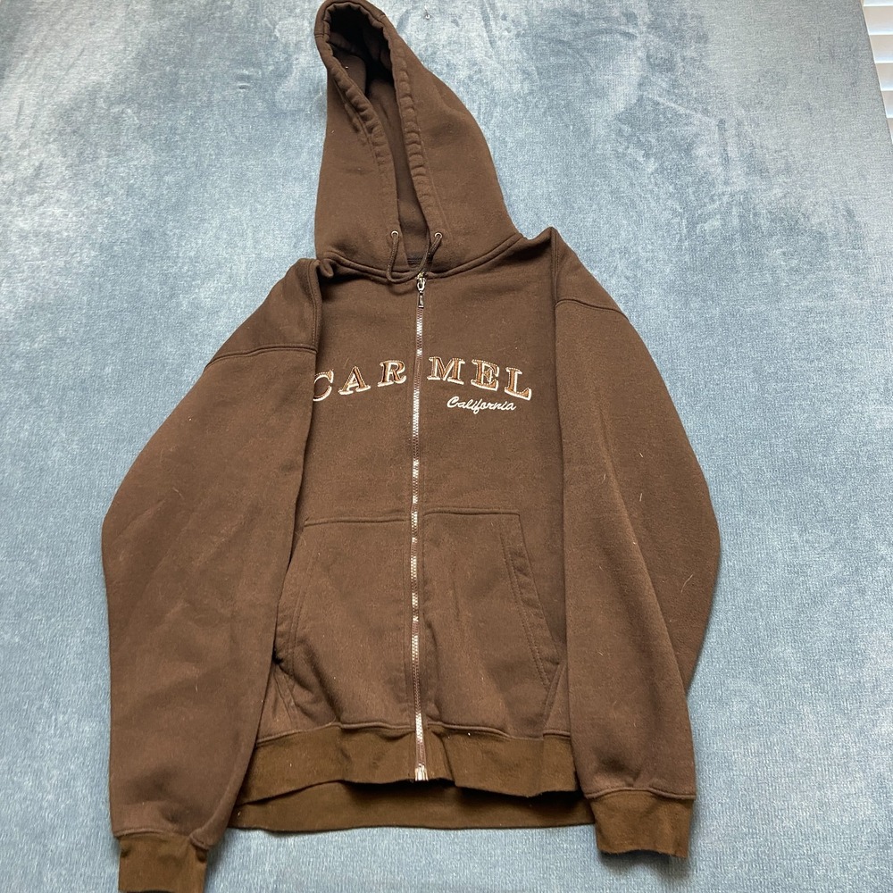 VTG Carmel California Hoodie Men Large Brown Cotton Lined Full Zip USA Made